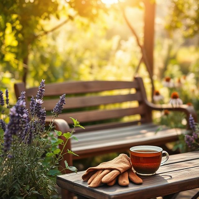 A Garden with Medicinal Plant and a wooden Bench with tea cup and gardening gloves